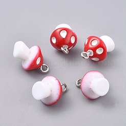 秋のテーマのプラスチック ペンダント  プラチナメッキ鉄ループ付き  キノコ  レッド  17.5x11.5x12mm  穴：1.5mm&nbsp;KY-TAC0005-04E