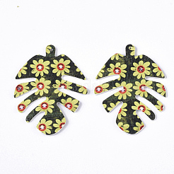 PUレザービッグペンダント  両面印刷  花柄  葉  ダークオリーブグリーン  55x43x2mm  穴：1mm&nbsp;FIND-TA0002-A21