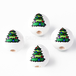塗られた天然木の丸いビーズ  クリスマスツリー  グリーン  16x15mm  穴：4mm&nbsp;WOOD-N006-182