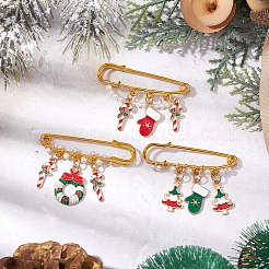 3個 3スタイル クリスマステーマ 鉄製安全ピンブローチ  合金エナメルペンダントと丸い貝パールビーズが付いたキルトピン  ミックスカラー  36~40x50.5mm  1個/スタイル&nbsp;JEWB-BR00178