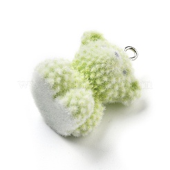 フロッキー不透明樹脂ペンダント  プラチナアイアンループ付き  クマのチャーム  芝生の緑  34x25x22mm  穴：2.5mm&nbsp;CRES-F033-05
