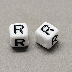 大穴アクリル文字ヨーロピアンビーズ  水平穴  ホワイト＆ブラック  文字.r付きのキューブ  6x6x6mm  穴：4mm&nbsp;X-SACR-Q103-6mm-01R