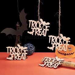 ハロウィンの空白の木製の切り欠きの装飾品をだましまたは扱います  ハロウィンハンギングデコレーション用  キッズクラフトdiyパーティー用品  バリーウッド  67x91x2mm  穴：2.5mm  ロープ：320x1mm&nbsp;WOOD-L010-03