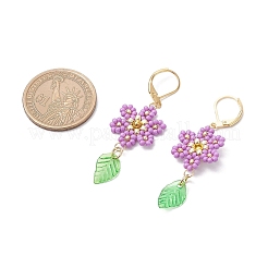 304 ステンレススチール製フラワーとリーフのフレンチフックピアス  ガラスシードビーズ、ナイロンワイヤー、アクリルチャーム付き  ゴールドカラー  プラム  56x18mm&nbsp;EJEW-MZ00456-02