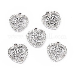 合金ラインストーンチャーム  プラチナトーンのハートと花  クリスタル  15x13.5x2.5mm  穴：1.6mm&nbsp;ALRI-C008-06P