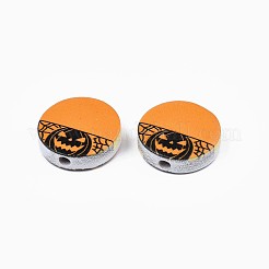 ハロウィンプリント天然木ビーズ  カボチャ柄のフラットラウンド  ダークオレンジ  19~20x5.9mm  穴：2~2.2mm&nbsp;WOOD-T021-71