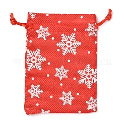 クリスマスをテーマにした黄麻布のパッキングポーチ  巾着袋  雪の結晶模様と  レッド  14.5x10.1x0.3cm&nbsp;ABAG-L007-01A-03