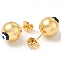 エナメル イービルアイ スタッドピアス  女性のための本物の 18 k ゴールド メッキ真鍮ボール ポスト イヤリング  ブラック  12mm  ピン：0.7mm&nbsp;EJEW-E274-01G-03