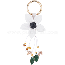 革と合金のキーホルダー  花  ホワイト  190mm。&nbsp;HJEW-WH20022-04A-01