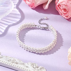 電気メッキ非磁性合成ヘマタイトと貝パール編みビーズブレスレット  女性のためのジュリー  花  プラチナ  6-7/8インチ（17.5cm）&nbsp;BJEW-JB110101-01