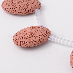 楕円形の合成溶岩石ペンダント ビーズ 連売り  染め  ピンク  32x21x9mm  穴：1mm  約12個/連  15.7インチ&nbsp;G-N0112-19