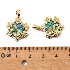 真鍮、パウア貝、透明キュービックジルコニアのペンダント  花のチャームが付いた六角形  18KGP本金メッキ  20x18x3.5mm  穴：4.5x2mm&nbsp;KK-G538-09G