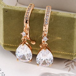 ブラスマイクロパヴェクリアキュービックジルコニアフープピアス  長持ちメッキ  ラックめっき  鉛フリー＆カドミウムフリー  ティアドロップ  ゴールドカラー  38x10mm&nbsp;EJEW-K300-40G