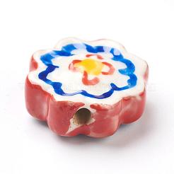 手作り磁器の花のビーズ連売り  手描きの陶器ビーズ  レッド  16x16x6mm  穴：2mm  約20個/連  12.99インチ（33cm）&nbsp;PORC-G006-14D