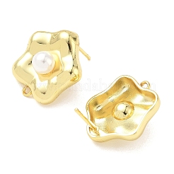 真鍮プラスチックパールスタッドピアス金具  花  ラックめっき  長持ちメッキ  カドミウムフリー＆鉛フリー  カン付き  18KGP本金メッキ  20.5x18mm  穴：1.4mm  ピン：11x1mm&nbsp;KK-G547-06G