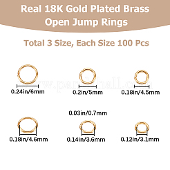 300個 3スタイル 真鍮オープン丸カン  長持ちメッキ  ラウンド  18KGP本金メッキ  21ゲージ  4.5~6x0.7mm  内径：3.1~4.6mm  100個/スタイル&nbsp;KK-BBC0008-74