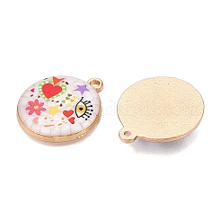 プリントラックメッキ合金エナメルペンダント  ゴールドカラー  フラット ラウンド ウィズ アイ & ハート チャーム  カラフル  28.5x25x4mm  穴：1.8mm&nbsp;ENAM-T020-02G