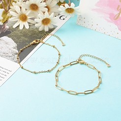 304ステンレススチールペーパークリップ＆サテライトチェーンブレスレットセット  ゴールドカラー  7-1/2インチ（19cm）  2個/セット&nbsp;BJEW-JB06523