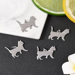 304ステンレススチールペンダント4個  丸カンとグリッター付き  鏡面研磨仕上げの刻印入り空白タグ  猫の形  23x23.5x1mm  穴：4mm&nbsp;STAS-FS0002-01B