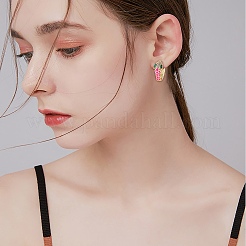 エナメルをあしらったキュービックジルコニアのスネークフープピアス  女性のための金の真鍮の蝶番を付けられたイヤリング  カドミウムフリー＆鉛フリー  ショッキングピンク  16x17.5x7mm  ピン：0.8mm&nbsp;EJEW-SZ0001-87C