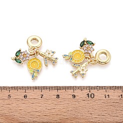 真鍮マイクロパヴェのカラフルなキュービックジルコニアとエナメルのヨーロピアンダングルチャーム  ロリポップと飛行機と花  大穴ペンダント  18KGP本金メッキ  ゴールド  32mm  穴：4.8mm&nbsp;KK-T079-78G