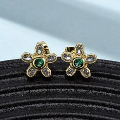 真鍮マイクロパヴェキュービックジルコニアフラワースタッドピアス  16KGP本金メッキ  10.5x11mm&nbsp;EJEW-K267-12G
