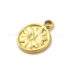 304ステンレススチールチャーム  フラワーチャーム付きフラットラウンド  PVD真空メッキ  18KGP本金メッキ  10x8x1mm  穴：1.5mm&nbsp;STAS-S163-14G