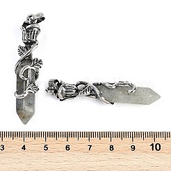 天然ラブラドライトのファセット加工されたダブルターミナルの尖った大きなペンダント  合金のバラで包まれた六角柱のチャーム  アンティークシルバー  51~53x14x10.5mm  穴：4.5mm&nbsp;G-P547-03AS-12A