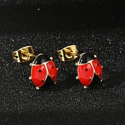 女性のための真鍮エナメル スタッド イヤリング  てんとう虫  18KGP本金メッキ  10x9.5mm&nbsp;EJEW-A126-04G