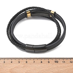 マイクロファイバーレザーコードを編み込んだマルチ連ブレスレット  304ステンレススチール製ブレスレット（女性用、男性用）  マグネットクラスプ付き  ブラック  8.66インチ（22cm）  14 mm幅&nbsp;BJEW-C153-01B