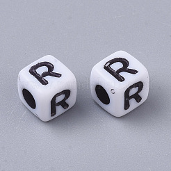 白い不透明なアクリルビーズ  水平穴  黒いアルファベットのキューブ  文字r  4~5x4~5x4~5mm  穴：1.8mm  約6000~6500個/500g&nbsp;MACR-R869-02R