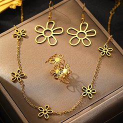 中空花 304 ステンレススチール ネックレス & ダングルイヤリング & カフリングセット  女性のためのジュエリーセット  ゴールドカラー  16.73インチ（42.5cm）  41x26mm  12.5mm&nbsp;SJEW-F225-03G