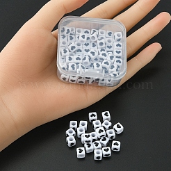 不透明なアクリルビーズ  ハートを持つキューブ  ホワイト  6x6x6mm  穴：3.5mm  100個/箱&nbsp;MACR-YW0002-25