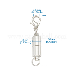真鍮製マグネットクラスプコンバーター  真鍮カニカンとリング付き  コラム  銀色のメッキ  38.5x6mm  穴：4.5mm&nbsp;KK-TAC0001-01S
