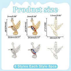 48本6スタイルアロイペンダント  ラインストーン付き  鳥のチャーム  ミックスカラー  24~28x19.6~20mm  8個/スタイル&nbsp;FIND-WR0012-79