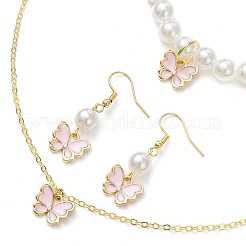 合金エナメル蝶チャームネックレス＆ダングルイヤリング＆ABSプラスチック模造真珠ビーズブレスレットセット  女性用ジュエリーセット  ピンク  380mm&nbsp;SJEW-JS01315-01