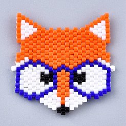 手作りシードビーズリンクコネクター  弾性糸で  織機模様  キツネ  オレンジ  34~35x33x1.5mm  穴：0.7mm&nbsp;SEED-I012-42