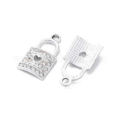 亜鉛合金チャーム  クリスタルラインストーン付き  ハートの南京錠  プラチナ  20.5x11x2.5mm  穴：2mm&nbsp;X1-ALRI-TAC0003-26B