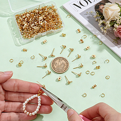 304ステンレススチールボールスタッドピアス金具100個  水平ループ & イヤーナット 100 個 & オープン丸カン 100 個付き  ゴールドカラー  15x7x4mm  穴：1.7mm  ピン：0.8mm&nbsp;DIY-UN0004-36