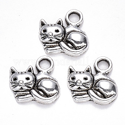 チベット風合金チャーム  猫の形  カドミウムフリー＆鉛フリー  アンティークシルバー  14x14x3mm  穴：2.5mm  約225個/225g&nbsp;TIBEP-S319-080AS-RS