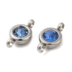 304ステンレススチールシングルラインストーンコネクタチャーム  フラットラウンドいリンク  ステンレス鋼色  アクアマリン  12x6.5x4mm  穴：2mm&nbsp;STAS-E194-13P-09