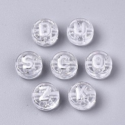 無色透明アクリルビーズ  グリッターパウダー付き  水平穴  ランダムな文字でフラットラウンド  銀  10x6mm  穴：2mm  約1560個/500g&nbsp;TACR-S150-02B-04