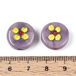 手作りランプワークビーズ  花付きフラットラウンド  紫色のメディア  16~16.5x7~9mm  穴：1.2~1.8mm&nbsp;LAMP-ZX003-10-08