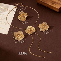 花柄の合金製プラスチックパールスタッドピアス＆ペンダントラリアットネックレス＆リングセット（女性用）  ゴールドカラー  16.54インチ（42cm）&nbsp;WG42618-01