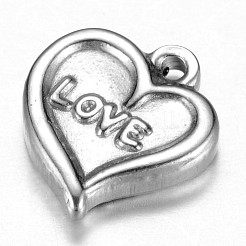 変色しない201ステンレススチールチャーム  単語「love」付けのハート  バレンタインデー  ステンレス鋼色  13x11.5x3mm  穴：1mm&nbsp;STAS-G073-15P