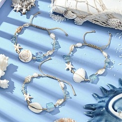 天然シェル＆クォーツ＆アクアマリン編みビーズブレスレット（女性用）3個  紺碧  1/4~3/4インチ（0.6~2cm）  内径：2~3-1/4インチ（5~8.1cm）&nbsp;BJEW-TA00576