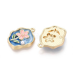 ラックメッキ合金エナメルとABS模造真珠ペンダント  花のチャームが付いたナゲット  カドミウムフリー＆ニッケルフリー＆鉛フリー  ゴールドカラー  コーンフラワーブルー  25x20x4.5mm  穴：1.8mm&nbsp;ENAM-T024-87A-G