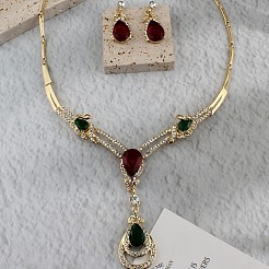 女性用ティアドロップ合金ラインストーンペンダントネックレス＆スタッドダングルイヤリングセット  ゴールドカラー  440mm&nbsp;FS-WGFB3C6-01