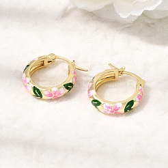 女性用真鍮エナメルフープピアス  花  ゴールドカラー  ピンク  20x18.5x5mm&nbsp;EJEW-K335-01G-02