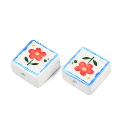 印刷された手作りの磁器のビーズ  花模様の正方形  レッド  15~15.5x15~15.5x7.5~8mm  穴：2mm&nbsp;PORC-G016-04B